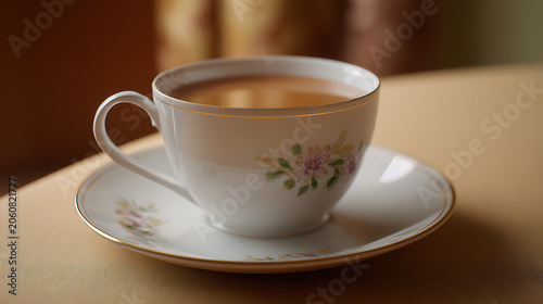 A delicate porcelain teacup filled with a warm beverage sits on a saucer, adorned with floral patterns and a golden rim, creating an atmosphere of refined comfort