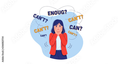 Foto Woman with confused thoughts, self doubt and uncertainty concept, business and m