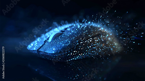 A futuristic computer mouse dissolving into a cloud of glowing particles and light streaks against a dark, abstract background. This image represents digital transformation, data transfer.