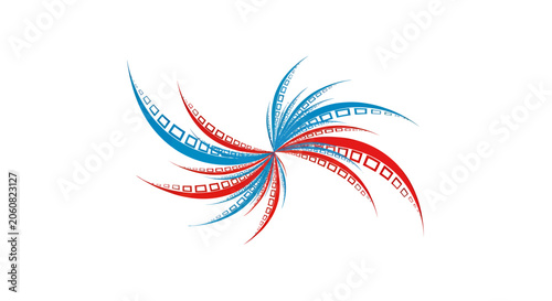 Abstract blue and red swirling vector design with dynamic ribbons and motion.