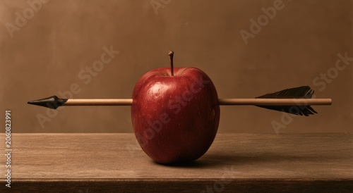 Red apple impaled by a wooden arrow on a table