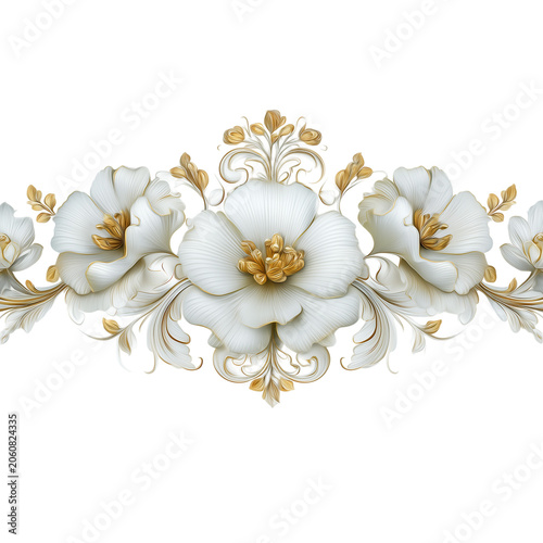 Elegant floral border with white flowers and gold filigree accents isolated on transparent background isolated on transparent background