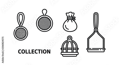 Fényképezés Manual kitchen utensil strainers and food masher icons.