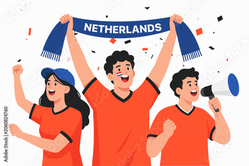 Vector illustration of enthusiastic Dutch football supporters celebrating a victory with national colors, fan scarf, cheering crowd, and festive atmosphere. Ideal for soccer tournaments, championship