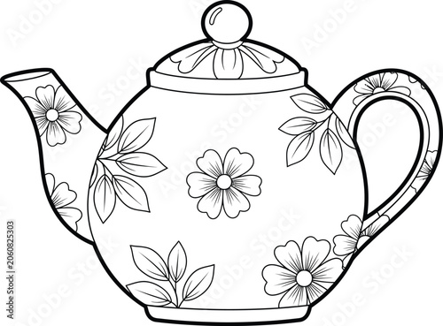 Floral teapot coloring page black and white illustration for adults and kids