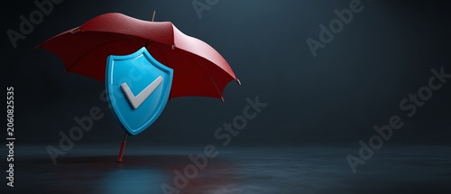 Protection symbolized by umbrella and shield.