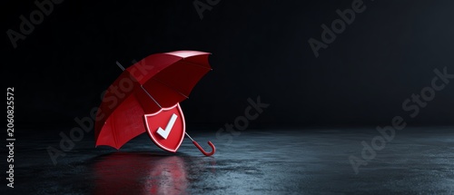 Red umbrella with protection symbol on surface.