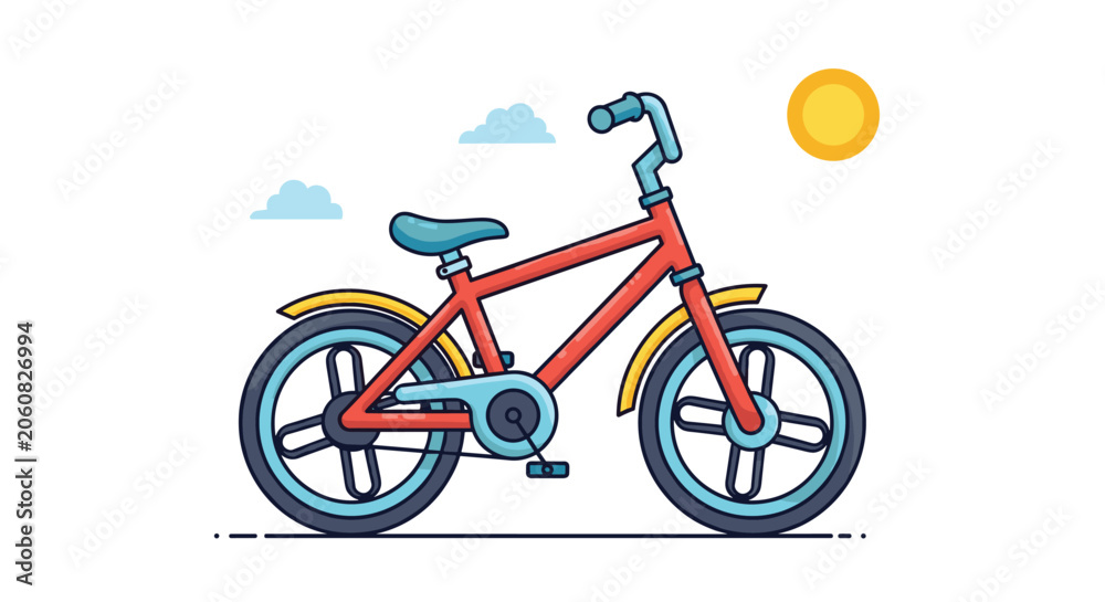 Fototapeta premium Red bicycle with blue tires and yellow mudguards parked outdoors on a sunny day with clouds and a bright yellow sun icon.