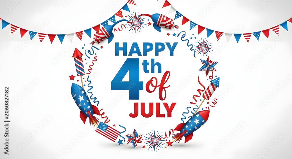 Obraz premium Festive 4th of july illustration with fireworks rockets and patriotic bunting