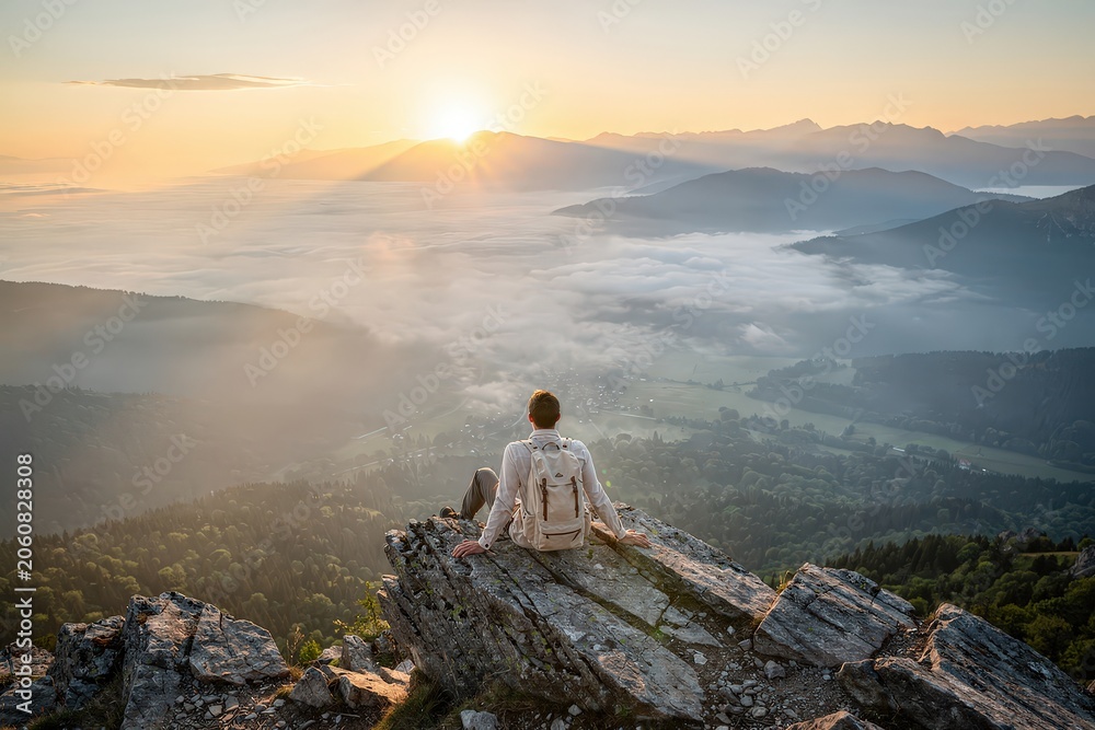 Fototapeta premium Adventurous Hiker Sitting on Rocky Cliff Overlooking Foggy Valley at Sunrise, Soft Golden Light Illuminating Landscape, Majestic Mountain Range in Distance, Capturing Tranquility and Wonder