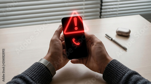 Man holding phone with red warning triangle and spam call icon, digital fraud, scam alert, phishing, or cybersecurity