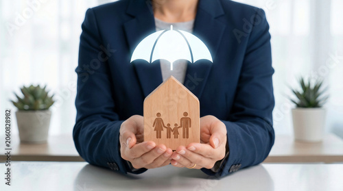 Insurance agent holding a wooden house with family silhouette. Home, life, and family insurance