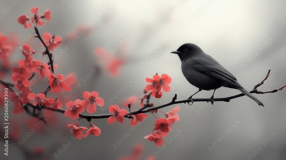 Fototapeta premium Small Black Bird Perched On A Flowering Red Plum Branch Against A Soft Focus Grey Background