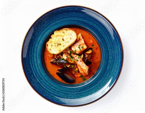 Classic French Bouillabaisse Seafood Stew In Blue Bowl Isolated On White Background