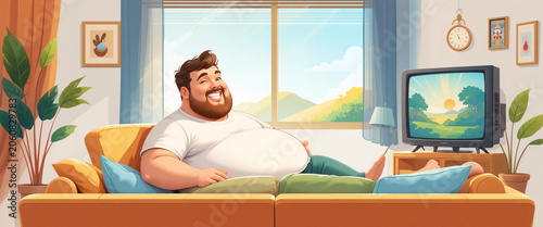 Young man relaxing on a sofa at home watching TV and using a laptop in a casual indoor living room setting
