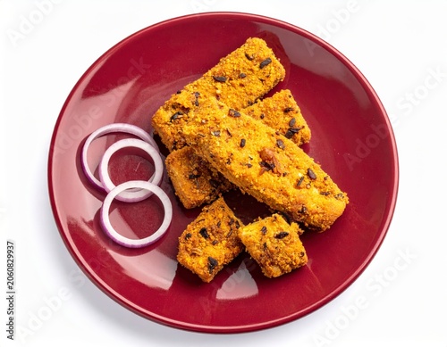 Crispy Ajwain Fish Fingers On Ruby Red Plate Isolated On White Background