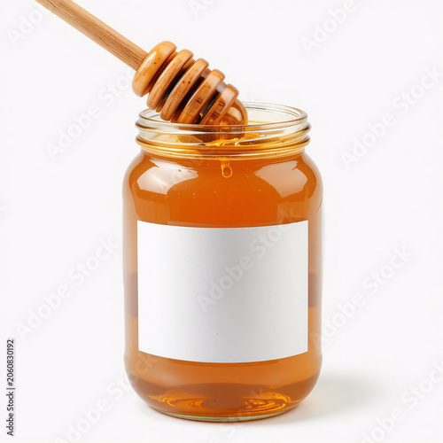 jar of honey with wooden spoon and dipper isolated sweet organic natural golden honey in glass jar healthy natural food ingredient breakfast dessert
