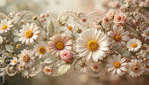 Daisies and chamomile flowers in snow on old wooden background