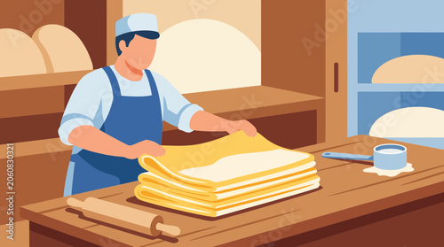 Photos Baker Folding Laminated Dough for Croissant-Style Bread