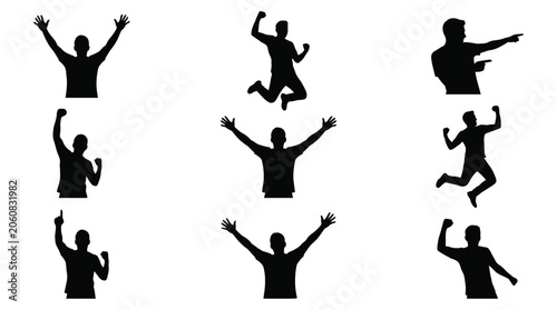 Black silhouettes of joyful men in various celebratory poses with arms raised and jumping high freely