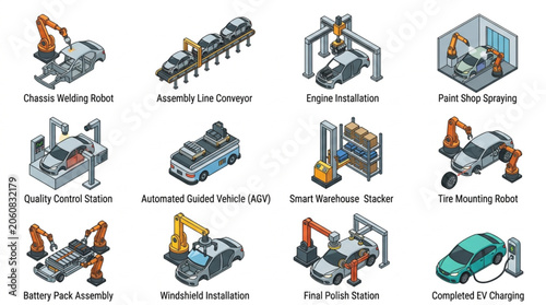Industrial Robotics Assembly Line Components.