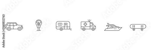 Quadro su tela Transportation vector line icon set with SUV parking meter trailer ambulance yacht and skateboard