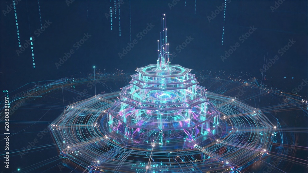 Fototapeta premium Futuristic glowing structure surrounded by digital networks and data streams in a cybernetic space.