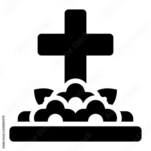 cross glyph icon. religious cross on grave with flower. memorial and Day of the Dead remembrance. cemetery and tradition