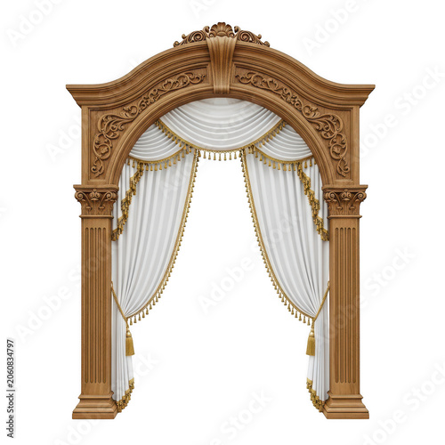Classical wooden arch with white curtains, ornate carved timber doorway, elegant theater stage frame with gold tassels on white background