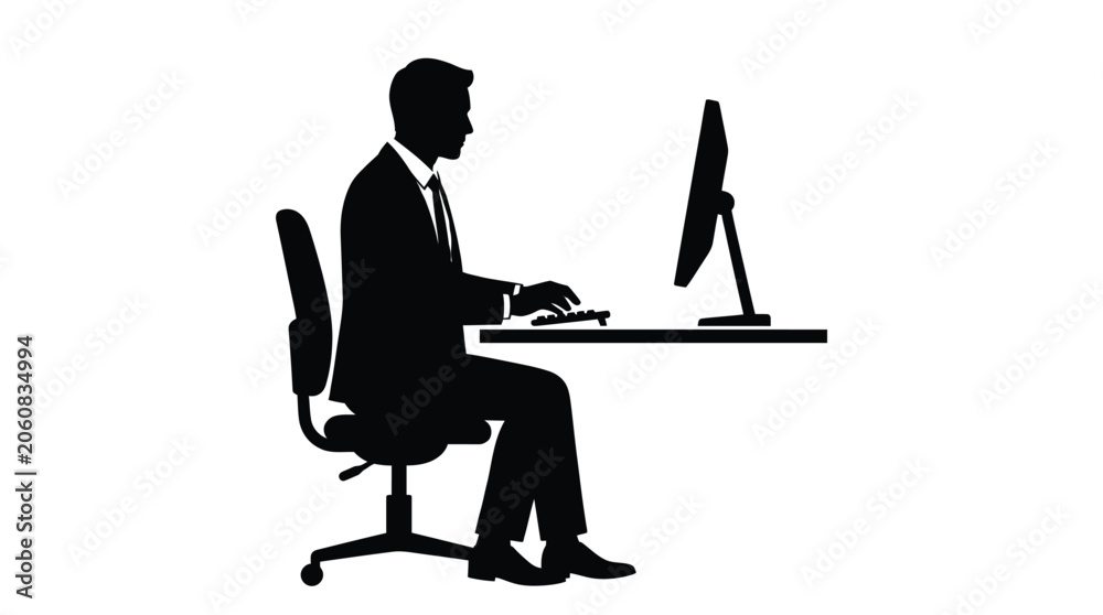 Fototapeta premium Silhouette of a businessman working on a computer in a suit and tie at office desk