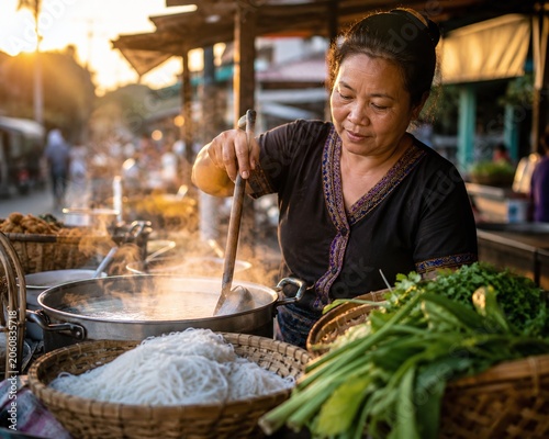 A Lao street food vendor stirring noodle soup in large pot, steam rising, golden hour warm light, authentic outdoor market stall
