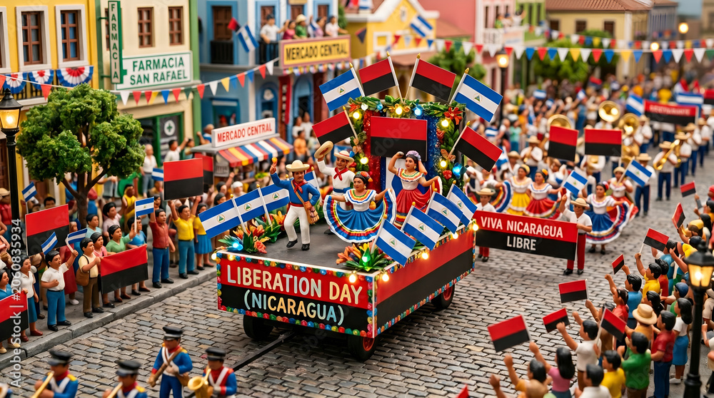 Obraz premium Miniature scene of a vibrant Liberation Day parade in Nicaragua with flags and celebrating crowd