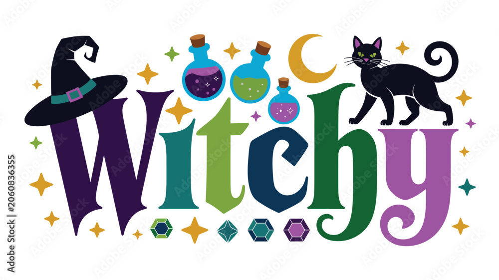 Fototapeta premium Colorful Witchy text illustration with a hat, black cat, and potion bottles for Halloween