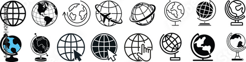 World globe in flat, line icon set. Vector for apps or website Earth global country map planet Travel internet globe sign symbol isolated on transparent background international communication service