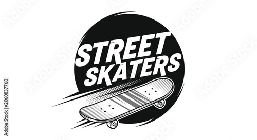 Street skaters logo featuring a dynamic skateboard illustration in black and white against a dark circular background with speed lines.