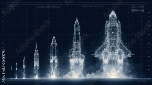 A detailed blueprint-style illustration showcasing the evolution of a space shuttle launch from initial ignition to liftoff.