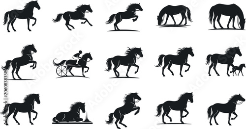 Bild auf Leinwand Set of black horse silhouettes displaying various poses including trotting, rear