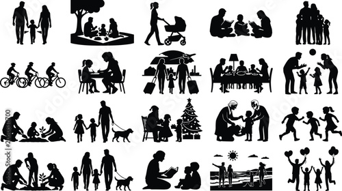 Canvastavla Set of black silhouettes featuring various family activities and lifestyle momen