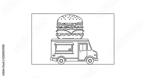 Food Truck with Giant Burger Illustration - Fast Food Delivery Service