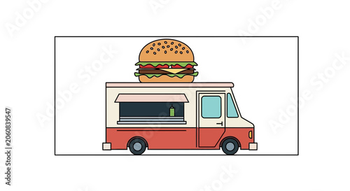 Food Truck with Giant Burger on Top, Street Food Vendor, Fast Food Truck, Delicious Burger