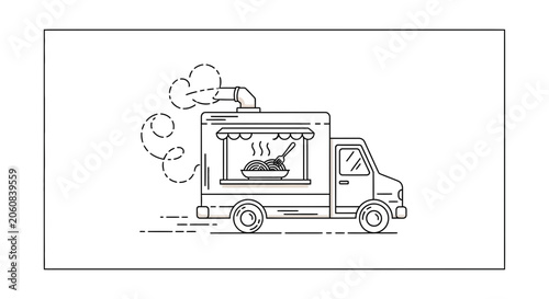 Food Truck with Steam and Food Illustration, Line Art Style
