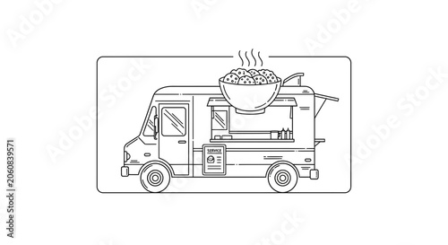 Food Truck with Steaming Bowl of Food, Outline Illustration