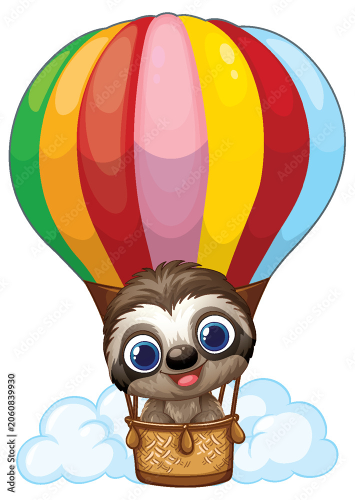 Fototapeta premium Cute Cartoon Sloth Flying in a Colorful Hot Air Balloon