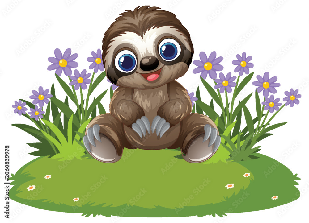 Fototapeta premium Cute Cartoon Sloth Sitting in a Field of Purple Flowers
