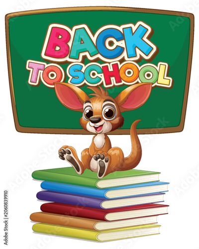 Cartoon Baby Kangaroo Sitting on Books with Back to School Sign