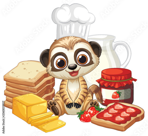 Cartoon Meerkat Chef with Bread Jam and Milk Breakfast Illustration