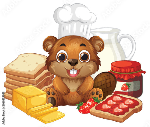 Cartoon Bear Chef with Breakfast Bread Jam and Milk Illustration