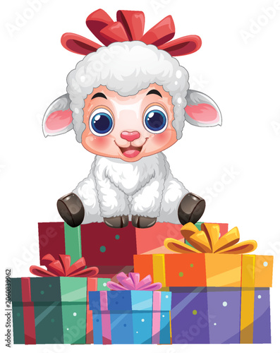 Cute Cartoon Lamb Sitting on a Pile of Colorful Gift Boxes