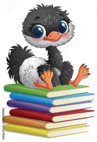 Cute Cartoon Baby Ostrich Sitting on a Stack of Colorful Books