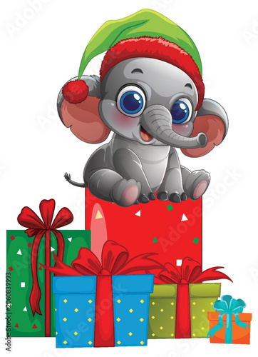 Adorable Cartoon Baby Elephant Wearing Santa Hat Sitting on Christmas Presents